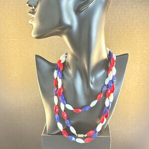 Extra Long Red White & Blue Lucite Bead Necklace – 54” Patriotic Statement